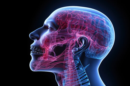 Skull bones of the human head with arteries and veins, anatomy. Human skull on a black background. Generative AI
