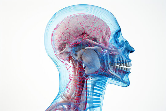 Skull bones of the human head with arteries and veins, anatomy. Human skull on a white background. Generative AI