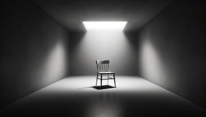 A single empty chair lit by a harsh white square light in an otherwise dark minimalist room