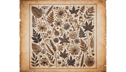 Aged paper with a collection of assorted pressed flowers and foliage in a vintage botanical print style