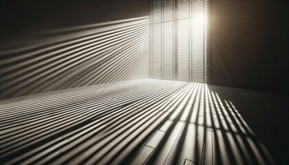 Strong sunlight streams through window blinds, casting sharp, parallel shadows on a wooden floor