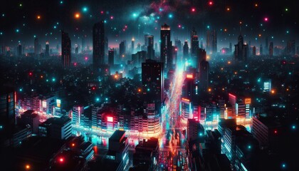 Digital art of a neon-lit futuristic cityscape at night with glowing city lights and a vibrant atmosphere