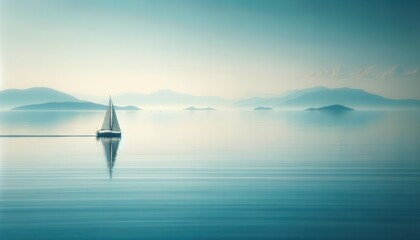 Serene image of a sailboat gliding on a calm sea towards distant mountainous islands on a clear day - obrazy, fototapety, plakaty
