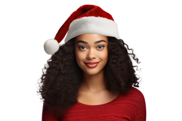 mujer joven afroamericana con gorro de papá noel, sobre fondo transparente, png