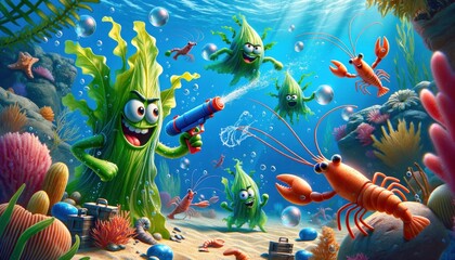 Colorful animated underwater scene with playful sea creatures enjoying a fun moment together - obrazy, fototapety, plakaty