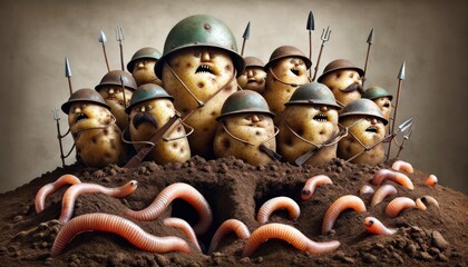 Humorous image of anthropomorphic potatoes wearing helmets and holding spears as if ready for battle - obrazy, fototapety, plakaty
