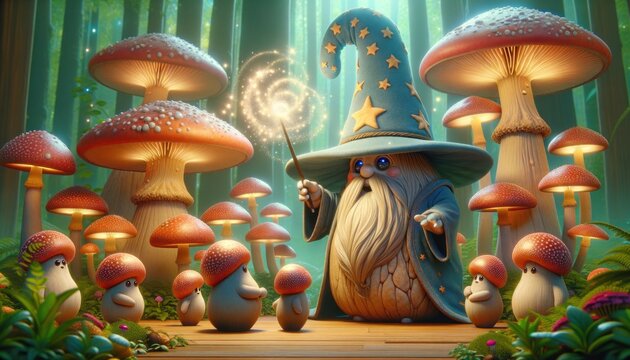 Fantasy illustration of a wizard casting a spell among giant magical mushrooms in an enchanted forest