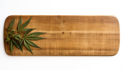 Green Cannabis Leaf on Wooden Cutting Board on white isolated background. Mock up ,copy space