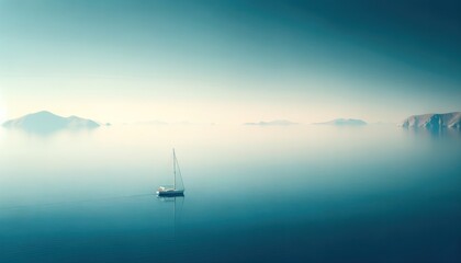 Fototapeta na wymiar Tranquil scene of a single sailboat on serene blue waters, surrounded by distant mountains under a clear sky