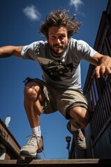 Fototapeta na wymiar Parkour athlete in mid-jump over a set of railings, highlighting their athleticism, Generative AI
