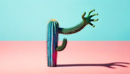 Stylized colorful cactus with spines on a contrasting pink and blue pastel background - obrazy, fototapety, plakaty