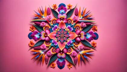 An intricate and symmetrical flower mandala consisting of various colorful flowers and leaves