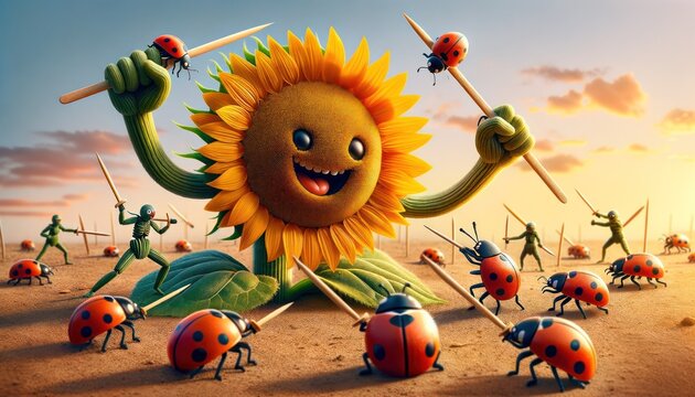 Digital illustration of cheerful sunflower wielding wooden spoons with surrounding playful insects