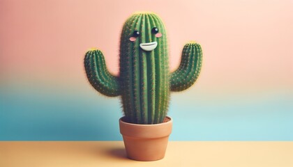A green cactus with cute googly eyes and a smile in a terracotta pot against a pink and blue...