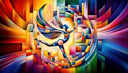 Multicolored abstract painting featuring a stylized dancer enveloped in geometric shapes