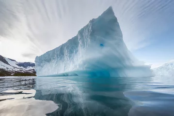 Deurstickers The image captures a massive iceberg floating in icy waters, its jagged edges reflecting sunlight. The scene evokes a sense of grandeur and tranquility, showcasing the raw beauty of polar landscapes. © Robert Kiyosaki