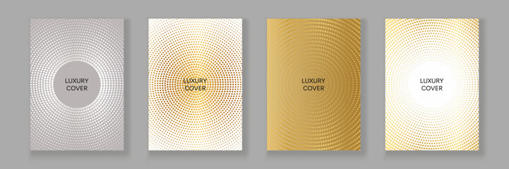 Luxury a4 cover template with gold and silver halftone dot pattern. Trendy vector collection for cover design, brochure, catalog, menu. Easy to edit with mask use. - obrazy, fototapety, plakaty