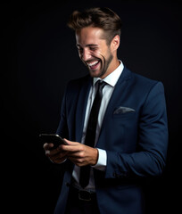 Extremely happy businessman with a phone.