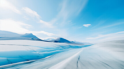 A glacier in a mountainous landscape. The ice is a light blue color and has deep crevasses. The sky is a bright blue with a few clouds. The mountains in the background are covered in snow. 