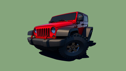 Classic American SUV. Bigfoot on a green background. Red car in cartoon style. Car on huge wheels. 3D rendering