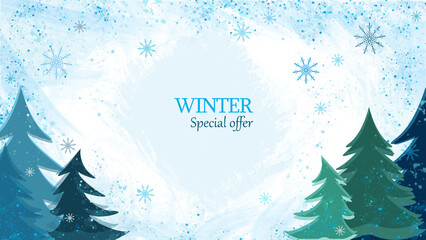 Winter banner with copy space snowy forest. Green Christmas trees, blue snowflakes. Inscription Winter special offer. Horizontal format