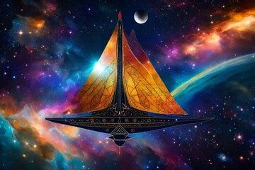 An intricate astral solar sailer floats gracefully amidst a sea of stars