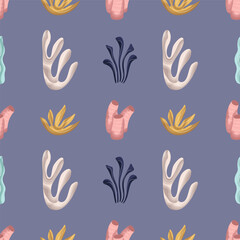 Marine seamless pattern. Watercolor seaweed. Template for paper, fabric, textile, banner. Vector illustration on isolated background in modern style.