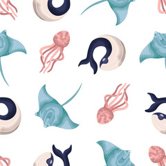 Marine seamless pattern. Watercolor whale, dolphin, jellyfish, stingray. Template for banner, paper, fabric, textile. Vector illustration on isolated background in modern style.