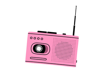 Hand drawn cute cartoon illustration of retro cassette player. Flat vector old audio equipment sticker in colored doodle style. Vintage device for listening music or radio with antenna icon. Isolated.