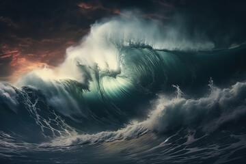 Giant tsunami waves, dark stormy sky. Perfect Storm. Huge waves Tsunami Big waves - obrazy, fototapety, plakaty