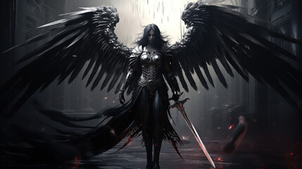 Dark warrior angel with medieval sword. fantasy background - obrazy, fototapety, plakaty