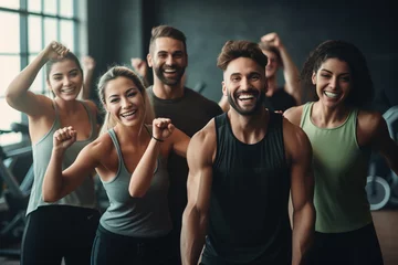 Fotobehang Fitness Fitness, laughing and friends at the gym for training, pilates class and happy for exercise at a club. Smile, sport in a group for a workout, cardio or yoga on a studio wall
