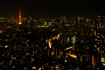 View of Tokyo Tower and skyscrapers  at night from Ebisu, Shibuya, Tokyo, 