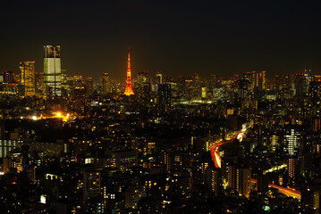 View of Tokyo Tower and skyscrapers  at night from Ebisu, Shibuya, Tokyo, 