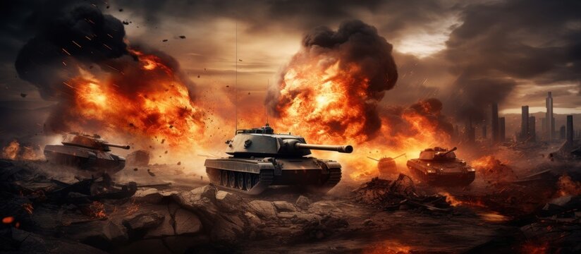A tank war machine on battlefield with burning fire and smoke clouds. AI generated image