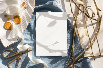 5x7 card mockup with white plate and golden branches
