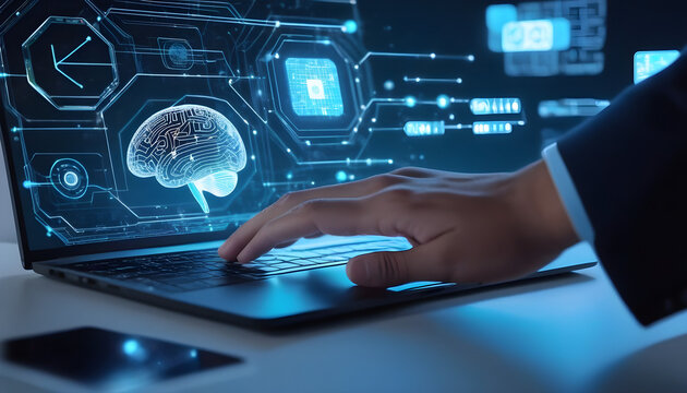 Business man hands using  an hologram which  projects  images reffered to data analysis, coding computer language with digital brain, machine learning on a computer.
