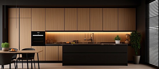 Sleek kitchen with dark and wooden cabinets and large window with blinds