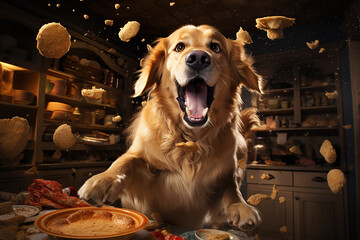 A naughty golden retriever dog causing chaos in a kitchen sending biscuits and cookies flying. - obrazy, fototapety, plakaty