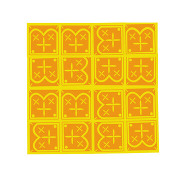 Ensemble de quatre carrés avec des cœurs, en deux couleurs, entourés de cercles jaunes dont les pointes se rejoignent au centre pour former un carreau.