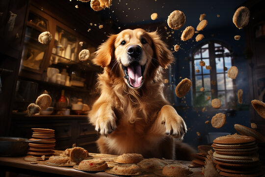 A naughty golden retriever dog causing chaos in a kitchen sending biscuits and cookies flying.