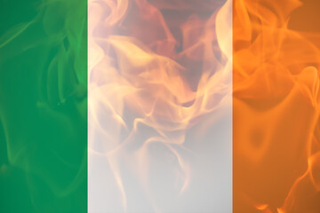 Ireland protest. Protests Dublin Ireland flag in fire background. Symbol of riot. Demonstration. Fire and flame. Destroy and terrorism. Out of focus - obrazy, fototapety, plakaty