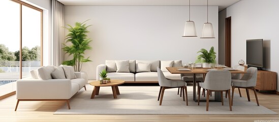 Large living room with corner sofa armchair and dining table near window