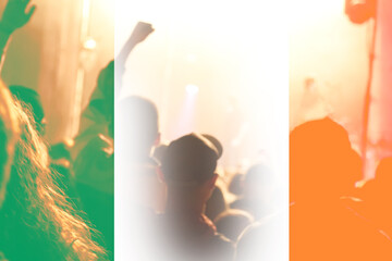 Ireland protest. Protests Dublin. People rise hand. Ireland flag. Out of focus