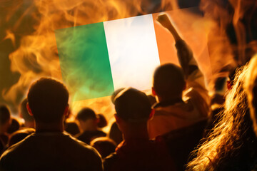 Ireland protest. Protests Dublin. People rise hand. Ireland flag. Street riot. Demonstration. Fire...