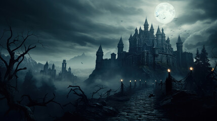 Sinister vampire castle at night - obrazy, fototapety, plakaty