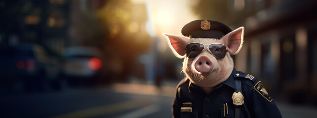 Funny pig in police uniform in the street, copy space - obrazy, fototapety, plakaty