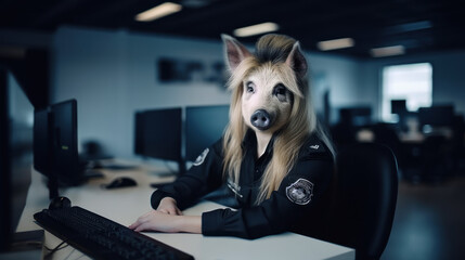 Female police officer with face of domestic pig in office - obrazy, fototapety, plakaty