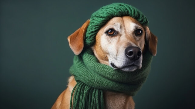 A dog in a green scarf and hat. AI Generated