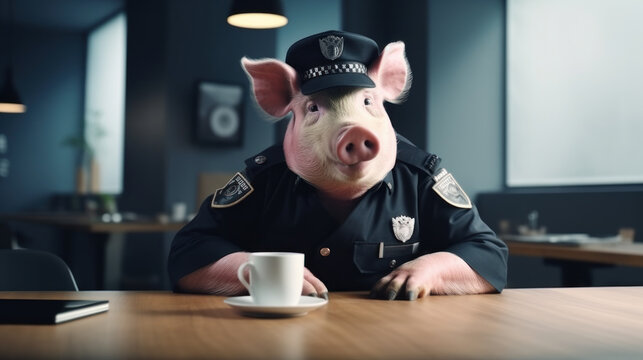 Police officer with face of pig, corruption and neglect concept